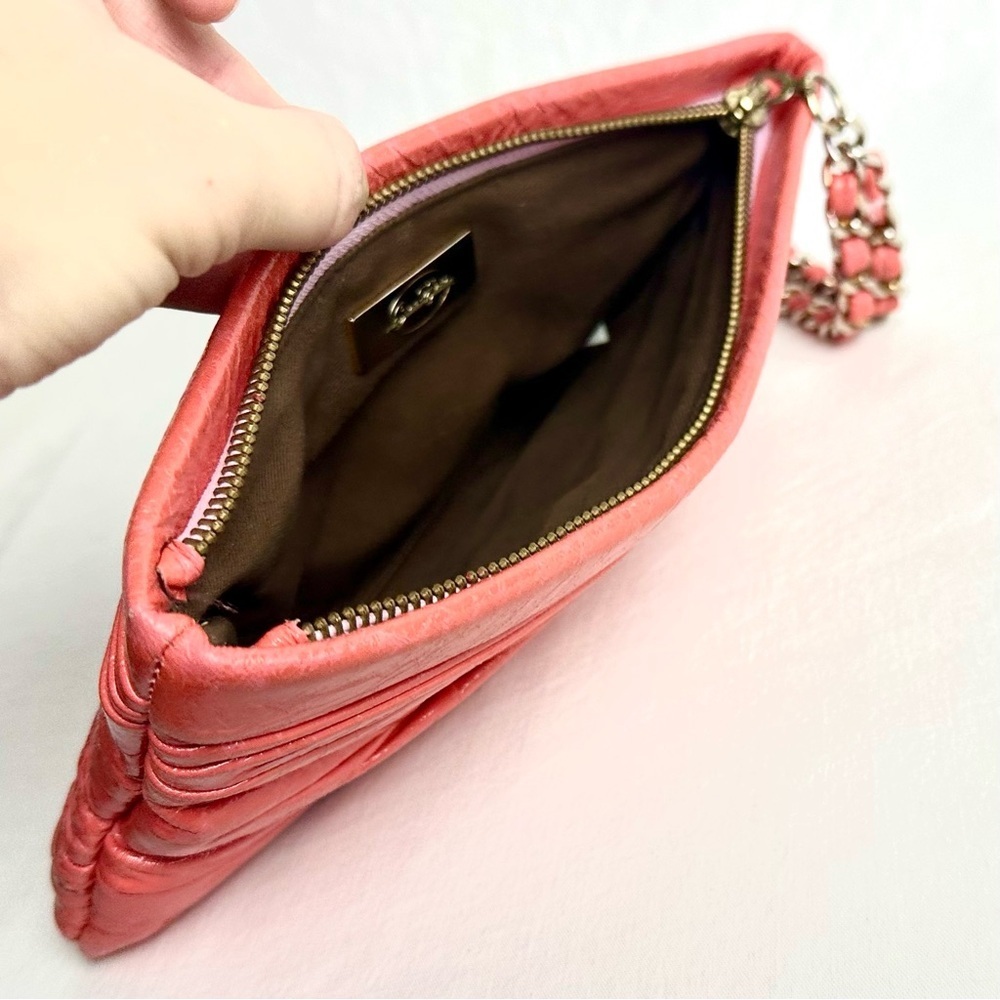 Onna Ehrlich Patent Leather Wristlet in Salmon with Chain Detail - Picture 10 of 12